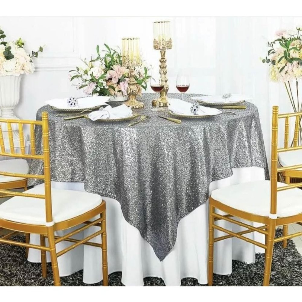 Dark Silver Gray 50x50” Pewter Sequin Overlay Tablecloth Wedding Party Slate Gre